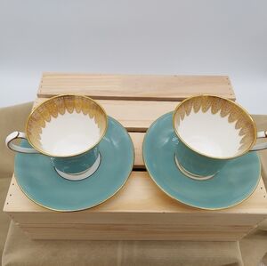 Set Vintage Turquoise and Gold Trimmed Made in England Ansley Teacup Saucer